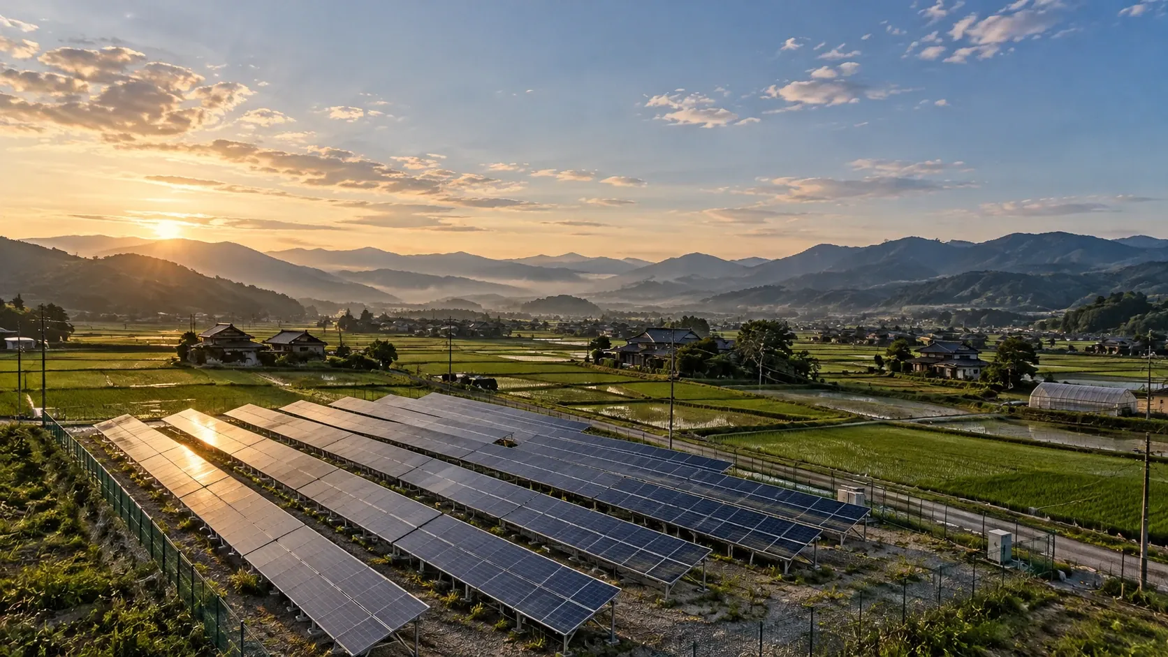 朝日に照らされる太陽光発電所と山並み